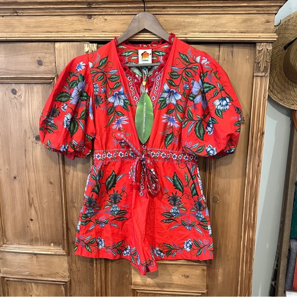 FARM Rio Red Floral Puff-Sleeve Romper - Picture 3 of 9